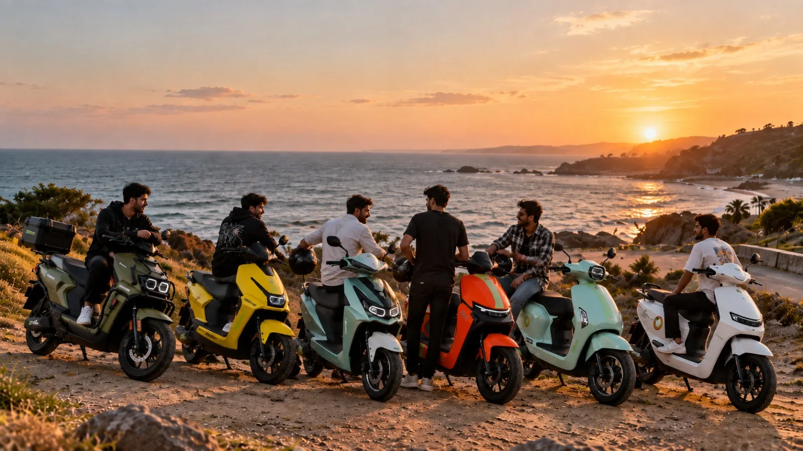 Friends with their GOEEN electric scooters on a coastal cliff at sunset