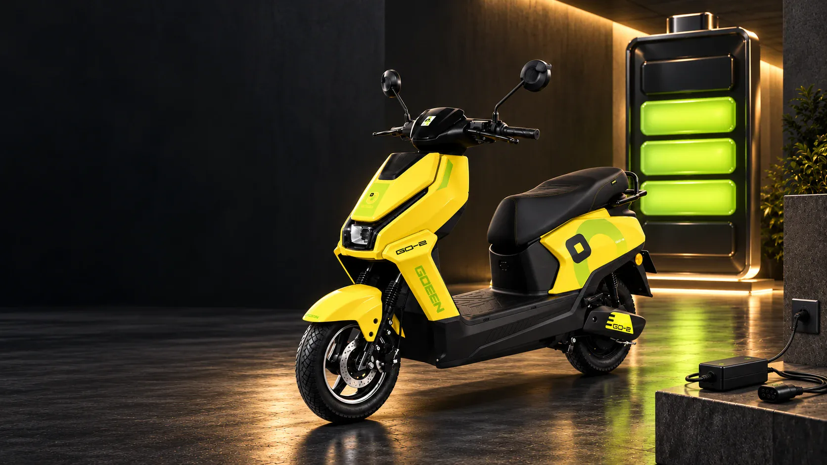 A yellow GOEEN GO-2 parked beside a glowing battery, its charger plugged in