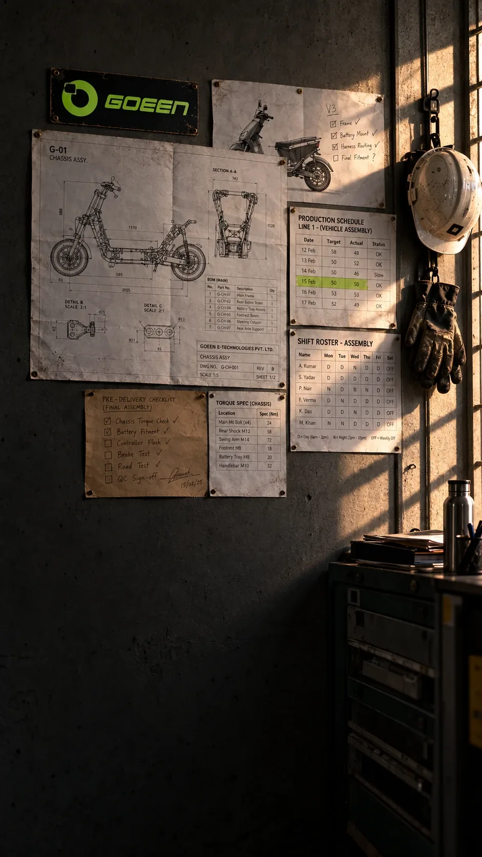 A GOEEN workshop wall: chassis drawings, a production schedule, a shift roster and a signed pre-delivery checklist, with a hard hat and work gloves on a hook