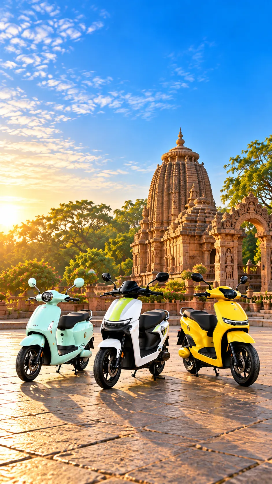 The GOEEN electric scooter range lined up in Bhubaneswar, a temple of the old city behind them