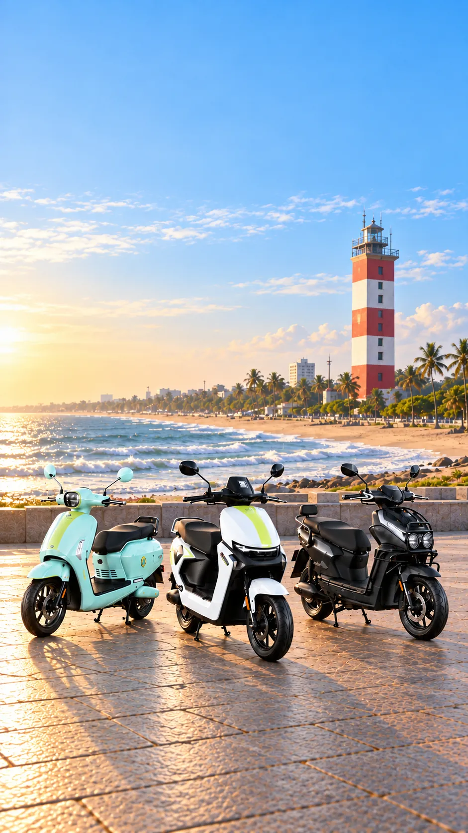 The GOEEN electric scooter range lined up in Chennai, the Marina lighthouse behind them