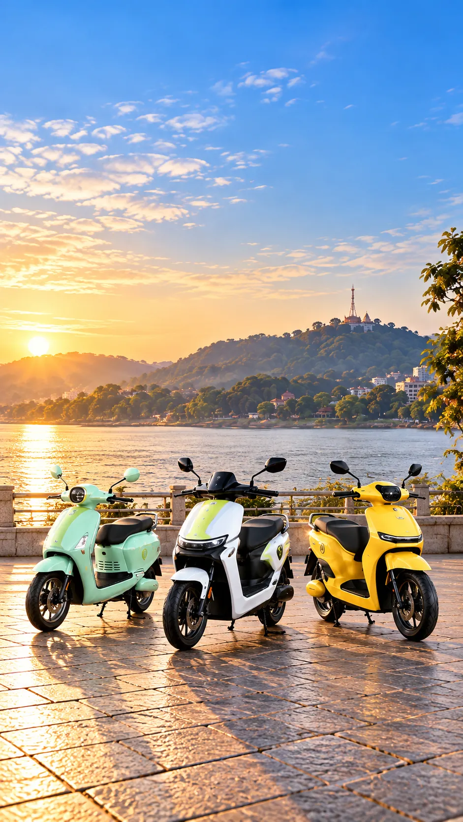 The GOEEN electric scooter range lined up in Guwahati, the Brahmaputra behind them