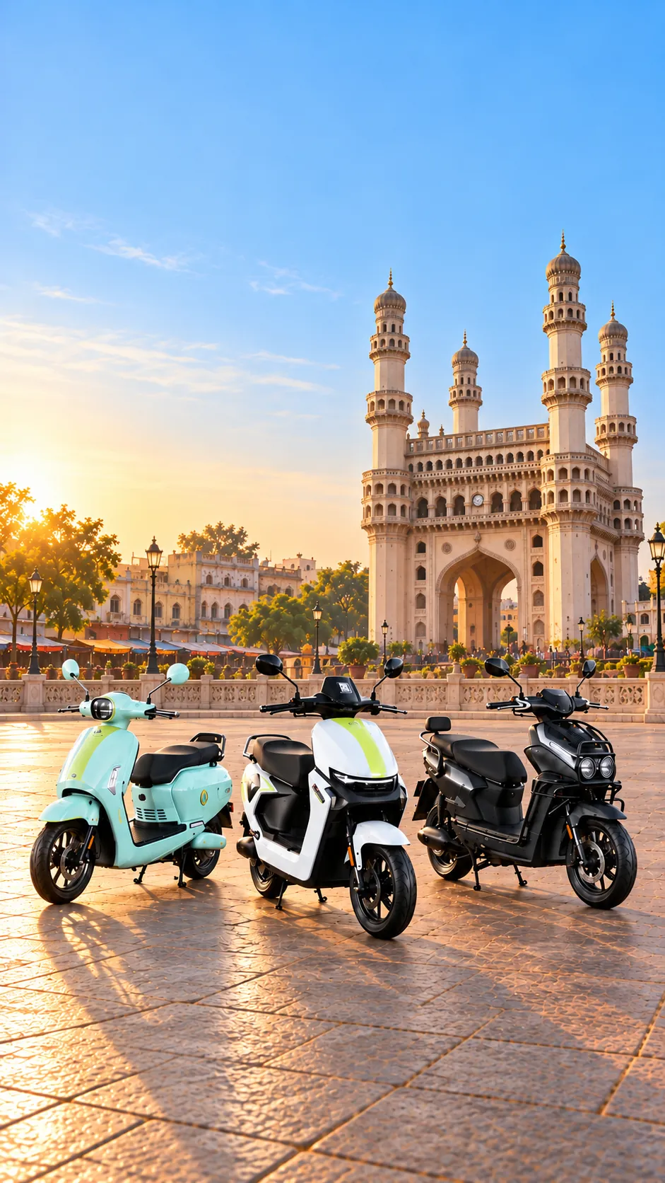 The GOEEN electric scooter range lined up in Hyderabad, the Charminar behind them