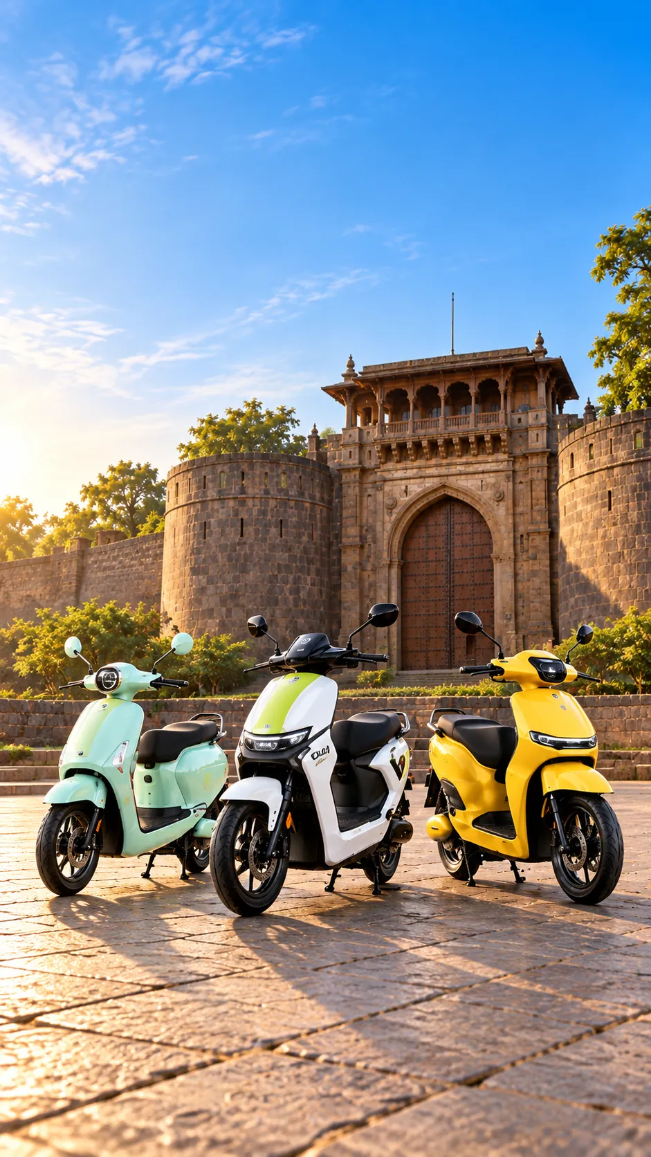 The GOEEN electric scooter range lined up in Pune, Shaniwar Wada behind them