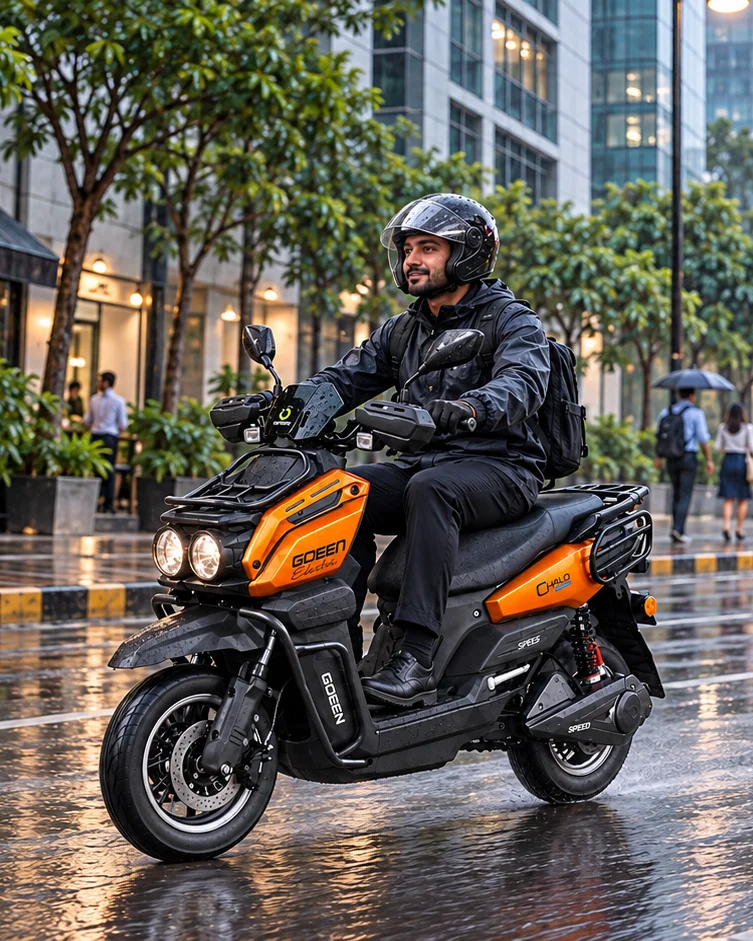 A GOEEN scooter riding through rain on a wet city street at night