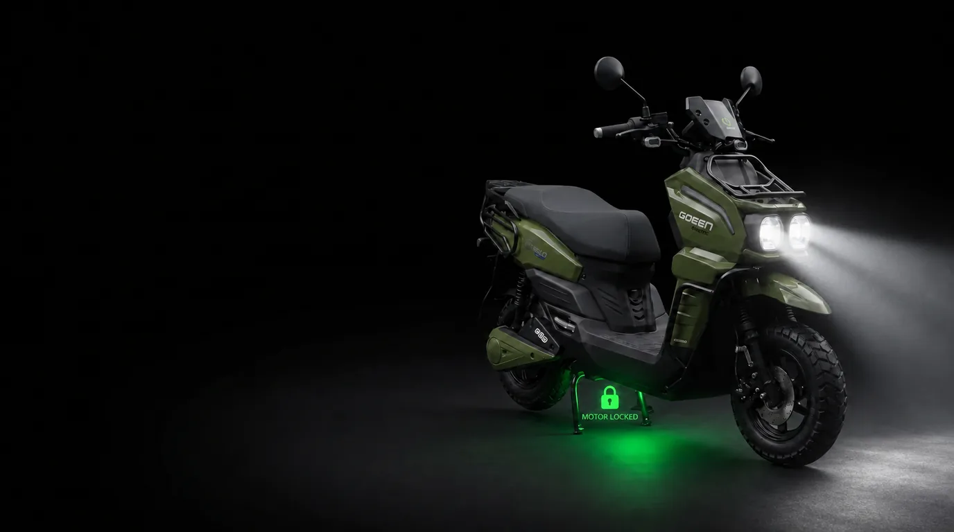 GOEEN scooter with side-stand down and a safety glow