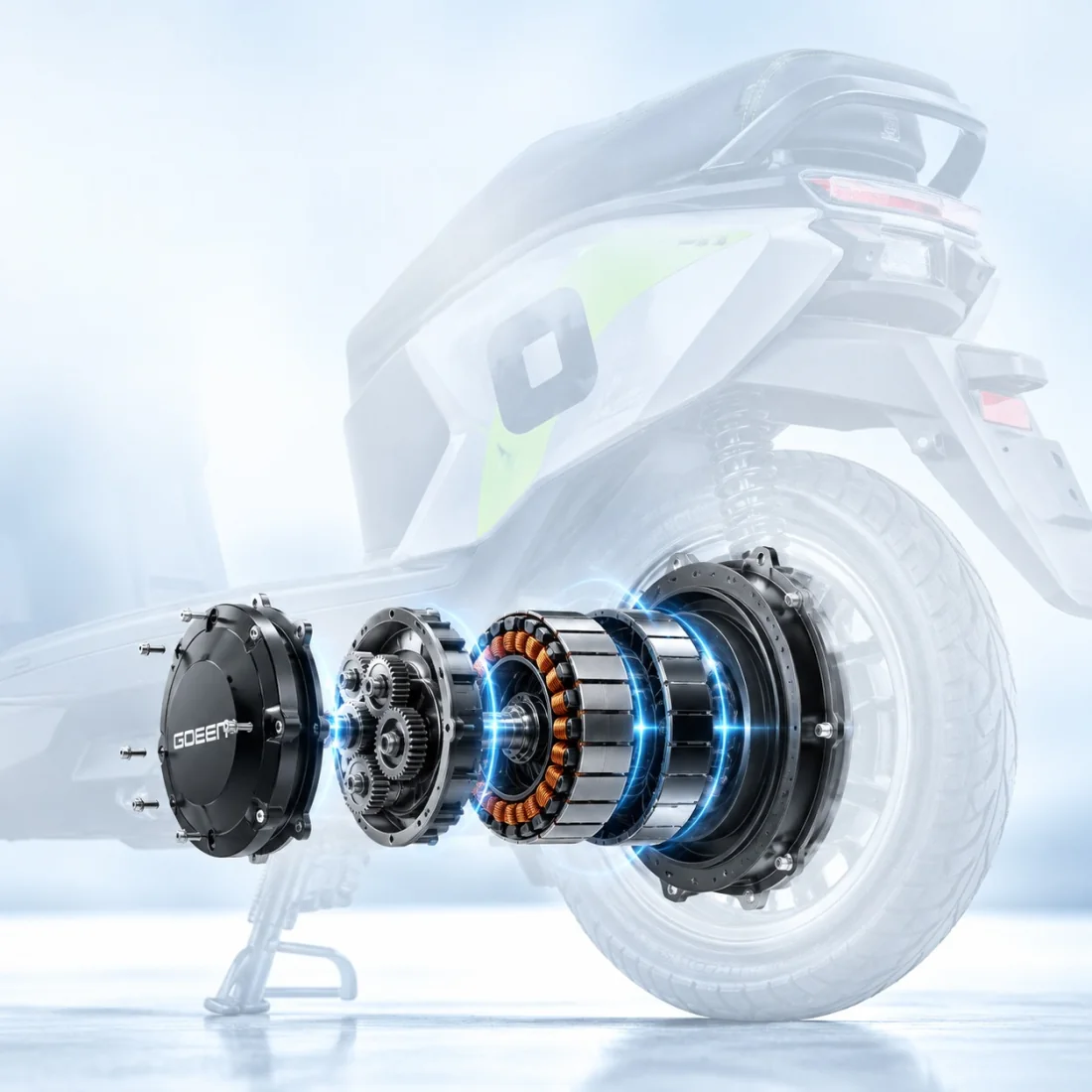 Exploded view of the rear hub motor — cover, gear set, copper stator windings and rotor — laid out beside the wheel