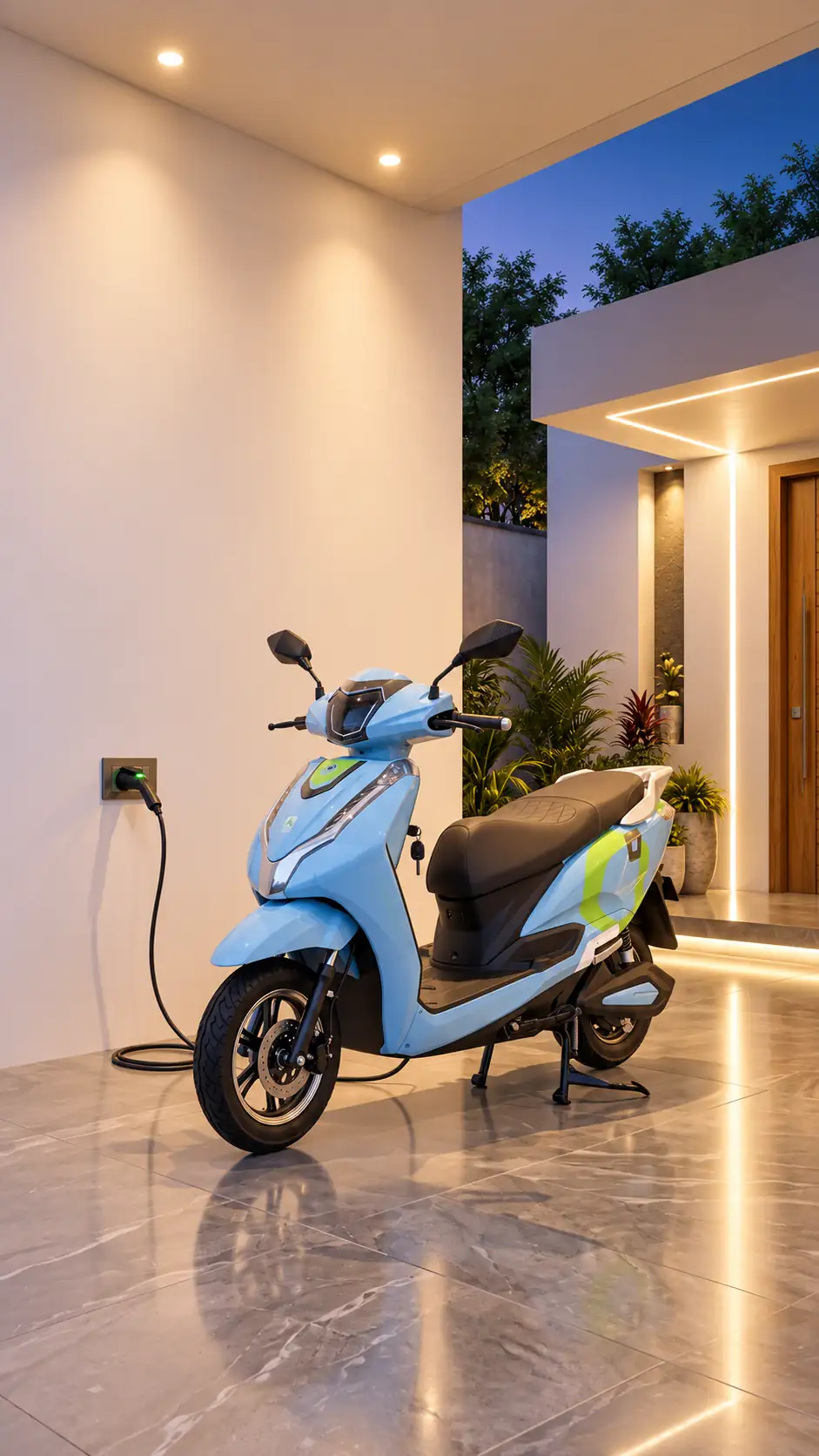 A blue GOEEN scooter plugged into a wall socket in a home porch