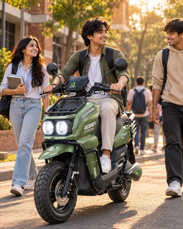 A student riding a green CHALO 1000 V2 across campus at golden hour, friends walking alongside