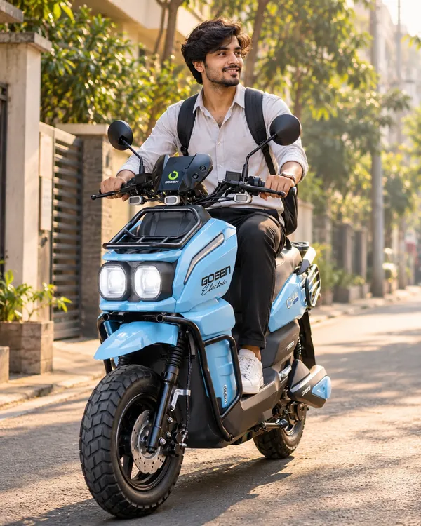 A young man commuting on a sky-blue CHALO 1000 V2 down a sunlit tree-lined street