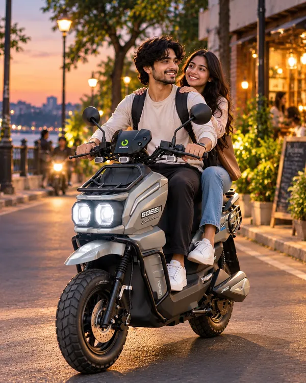 A couple riding a silver CHALO 1000 V2 along a lamplit waterfront promenade at dusk