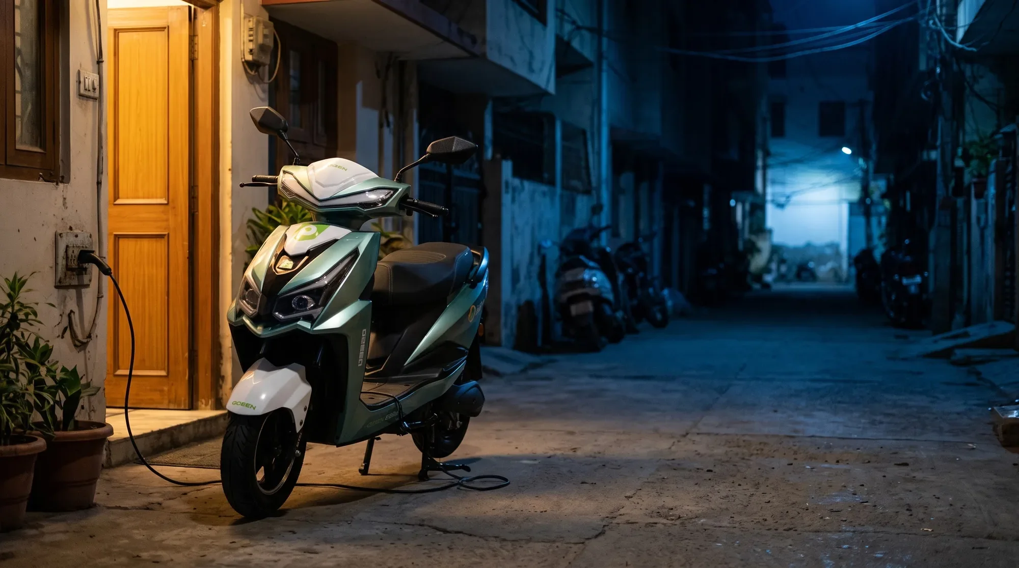 CHALO NEO charging by an apartment doorway at night