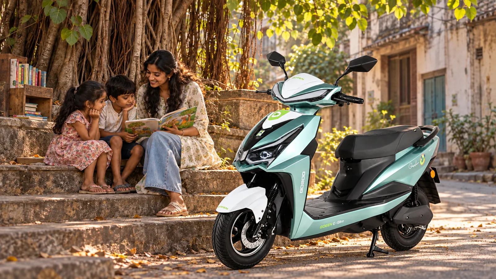 A mother reading to her children under a banyan tree, the mint NEO parked on the lane