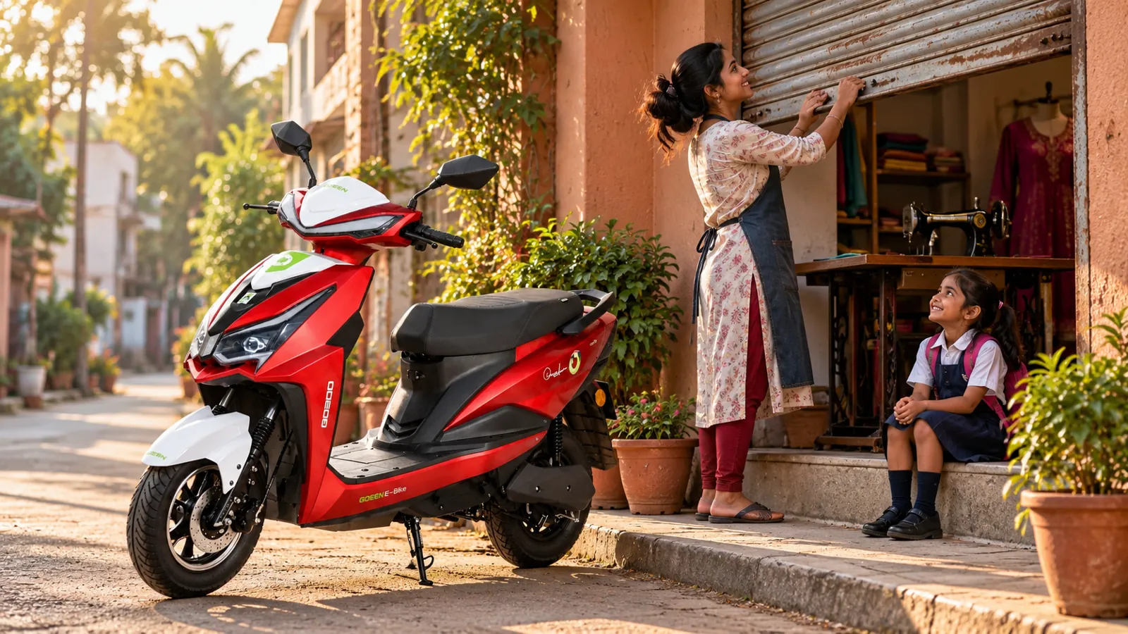 A tailor opening her shop as her daughter waits on the step, a red NEO outside
