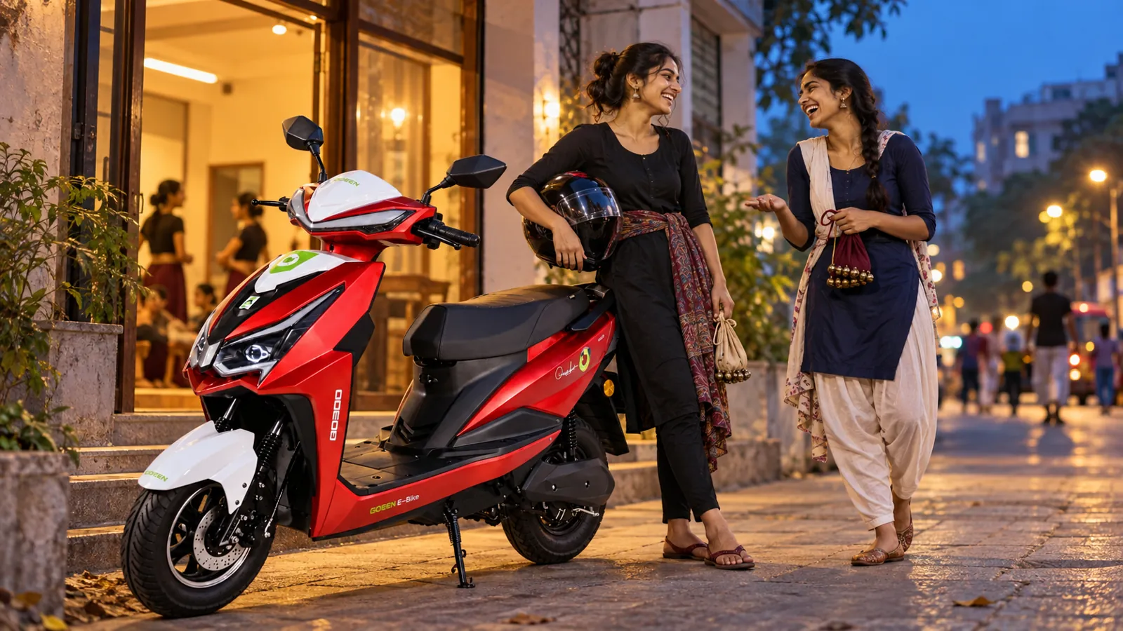 Two friends laughing outside a boutique in the evening, a red NEO by the door