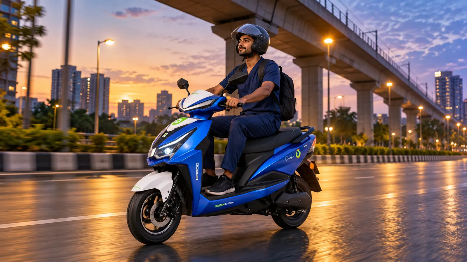 A rider on a blue NEO under the metro line at dusk