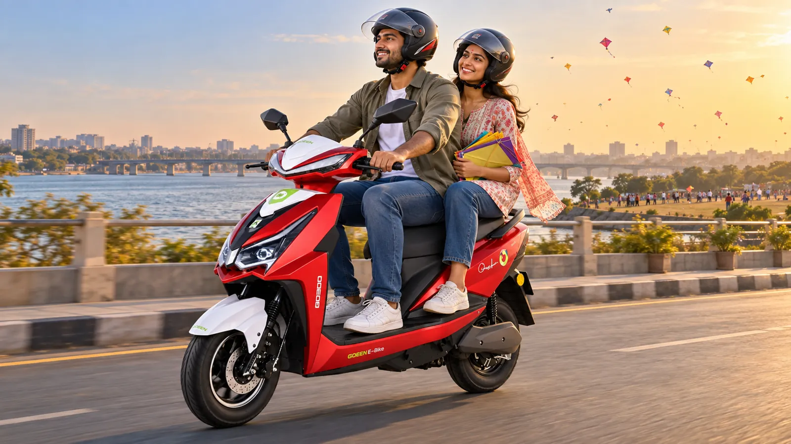 A couple riding a red NEO along the river as kites fill the sky