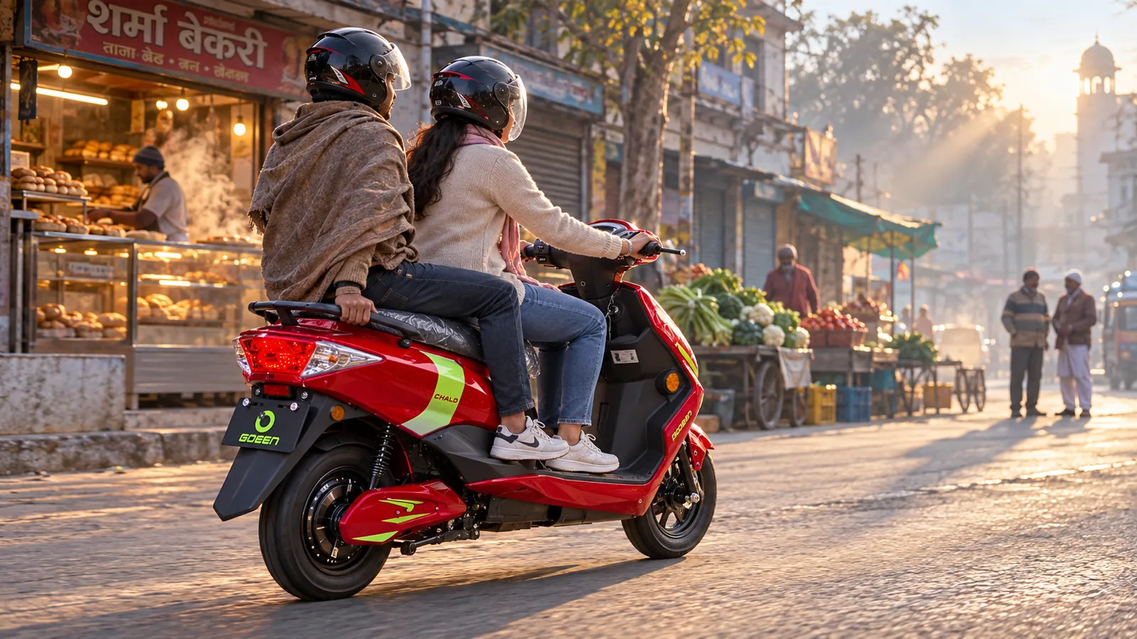 Two riders on a red CHALO NEU outside a bakery on a misty street