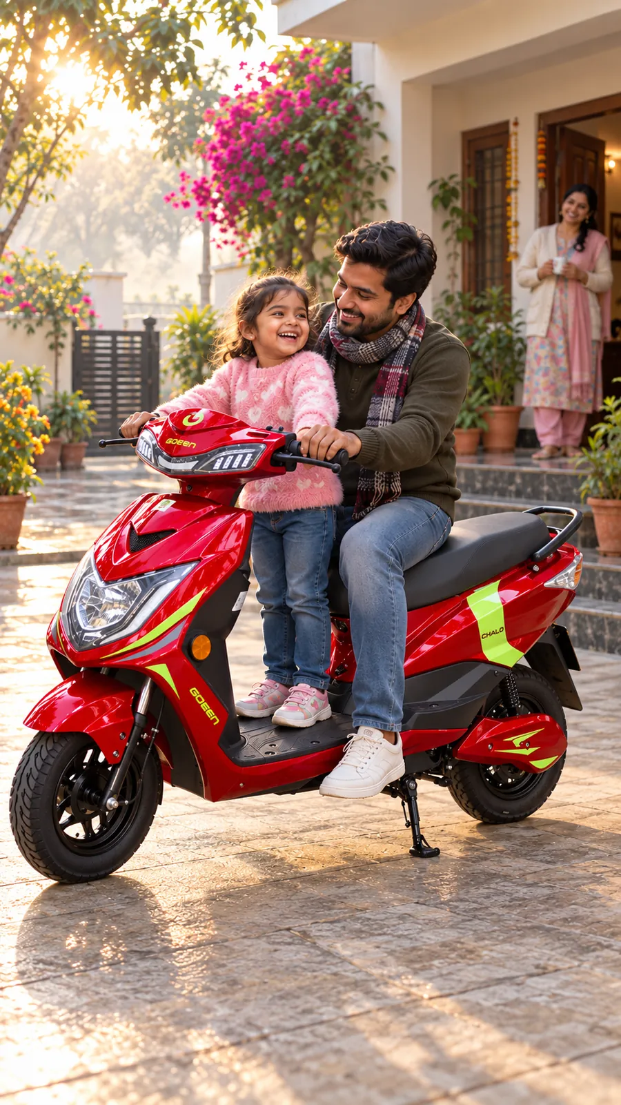 A father and daughter on a red CHALO NEU at their front gate