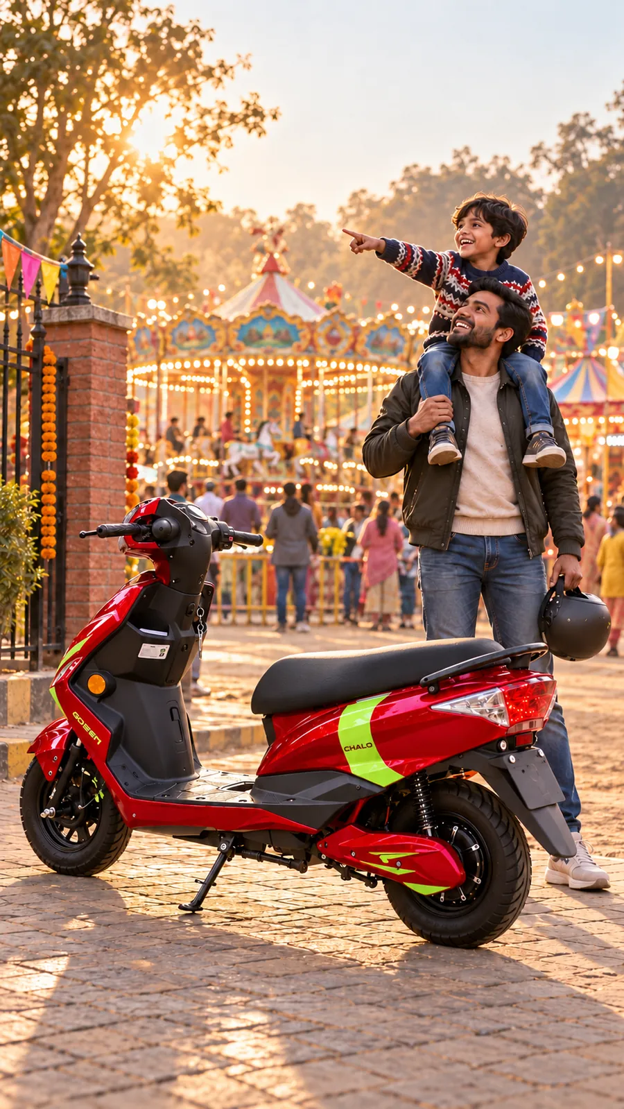 A father with his son on his shoulders beside a red CHALO NEU at the winter fair