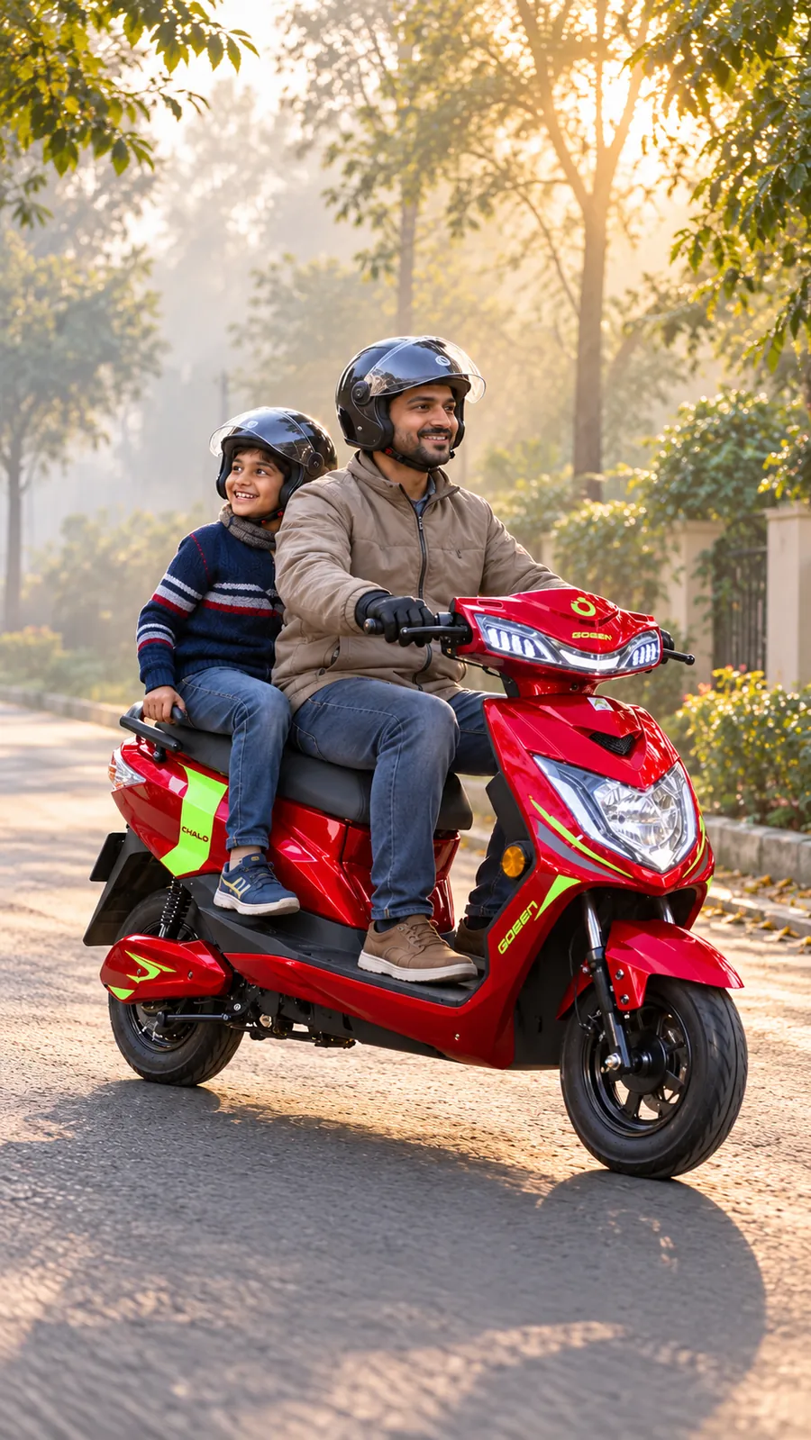 A father and son riding a red CHALO NEU through morning fog