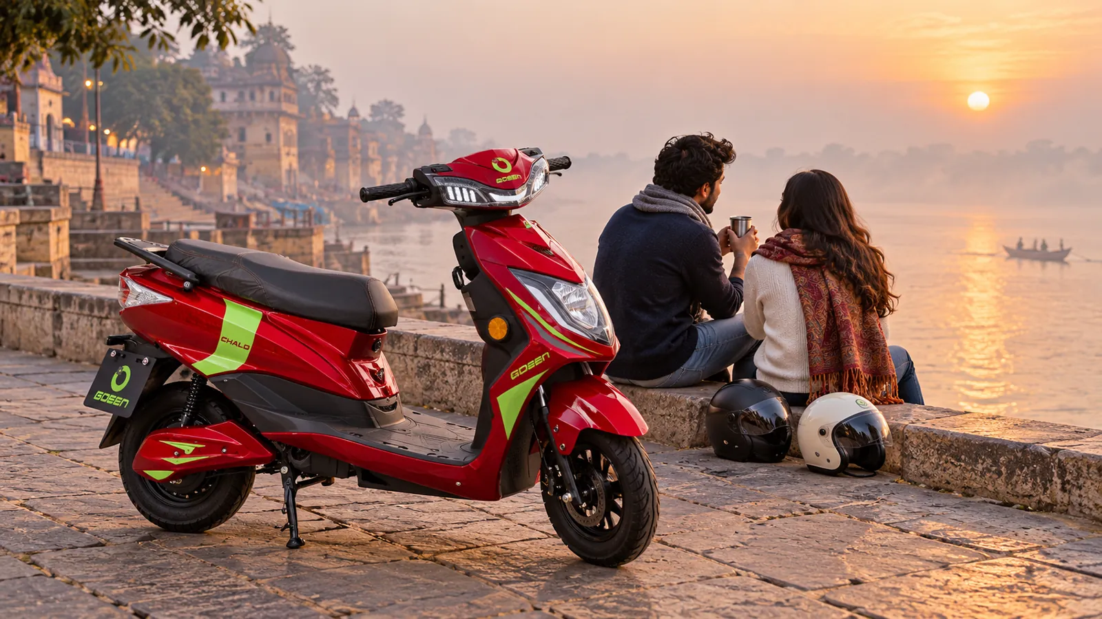 A couple at sundown on the ghat, their red CHALO NEU parked by the wall