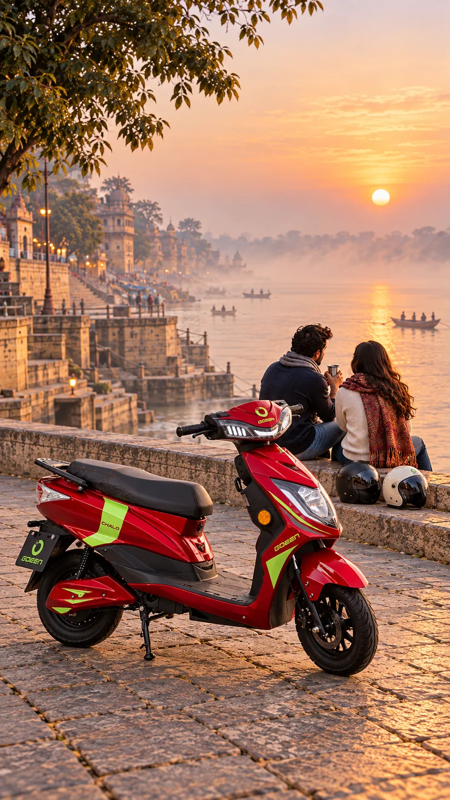 A couple at sundown on the ghat, their red CHALO NEU parked by the wall