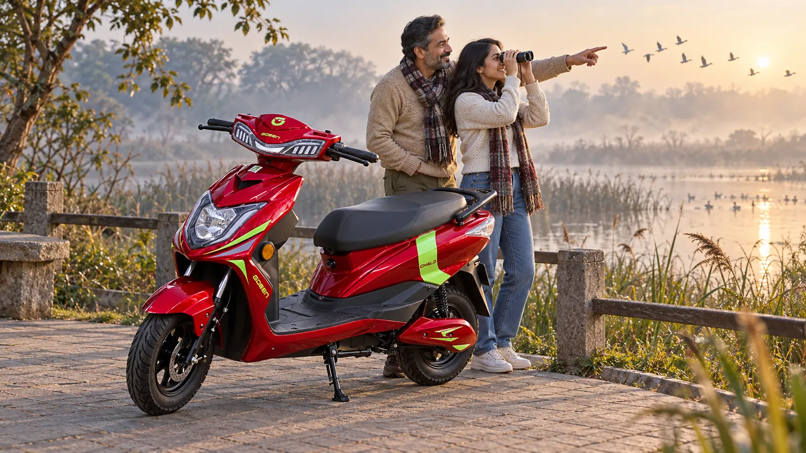 A couple birdwatching at dawn beside a red CHALO NEU