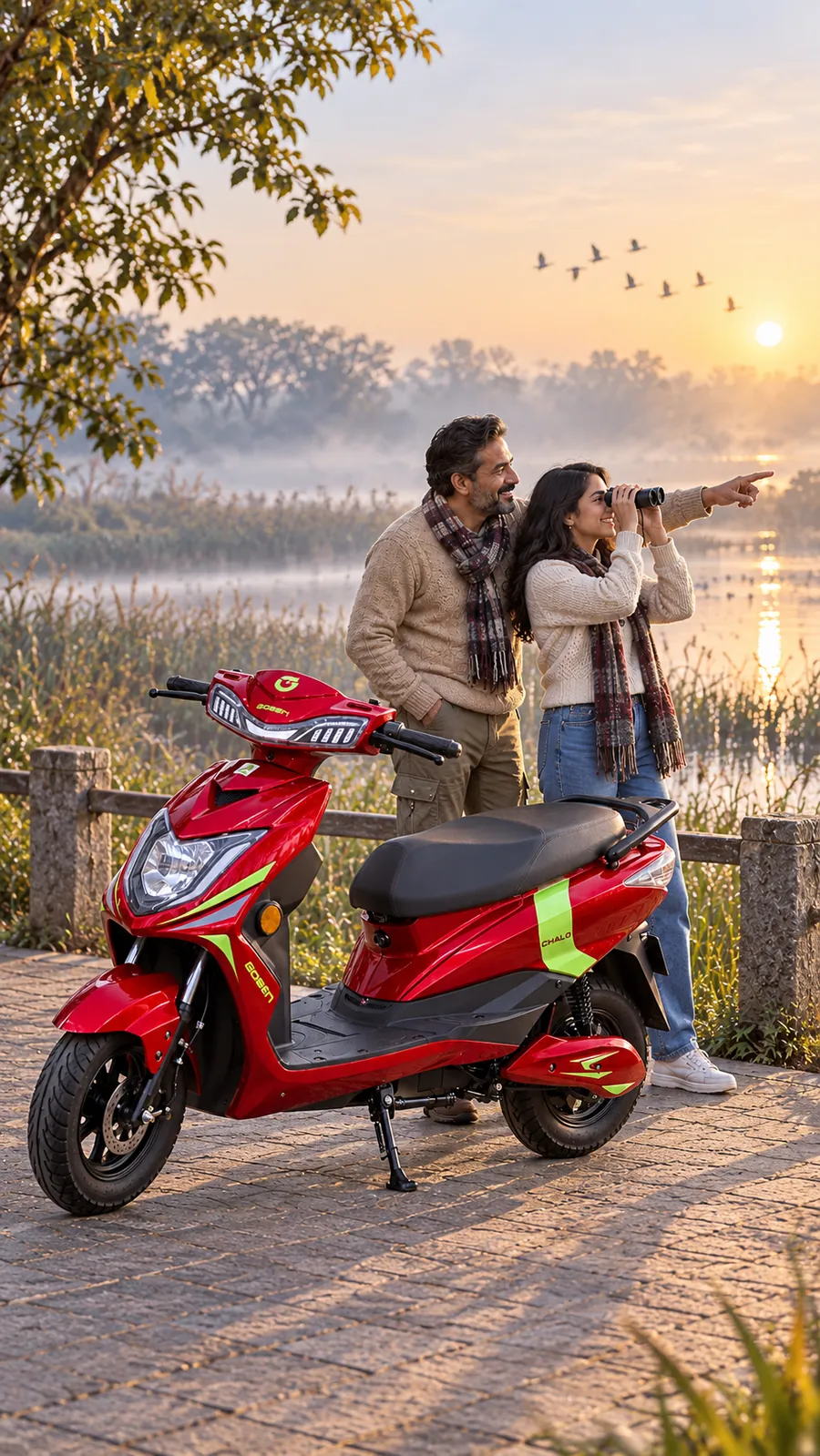 A couple birdwatching at dawn beside a red CHALO NEU
