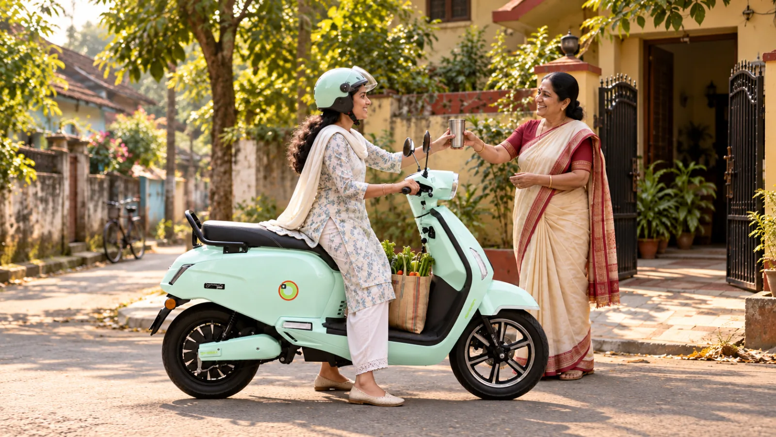 A woman on a mint Chalo Smart Plus pausing on a quiet lane to take a steel tumbler from an older neighbour