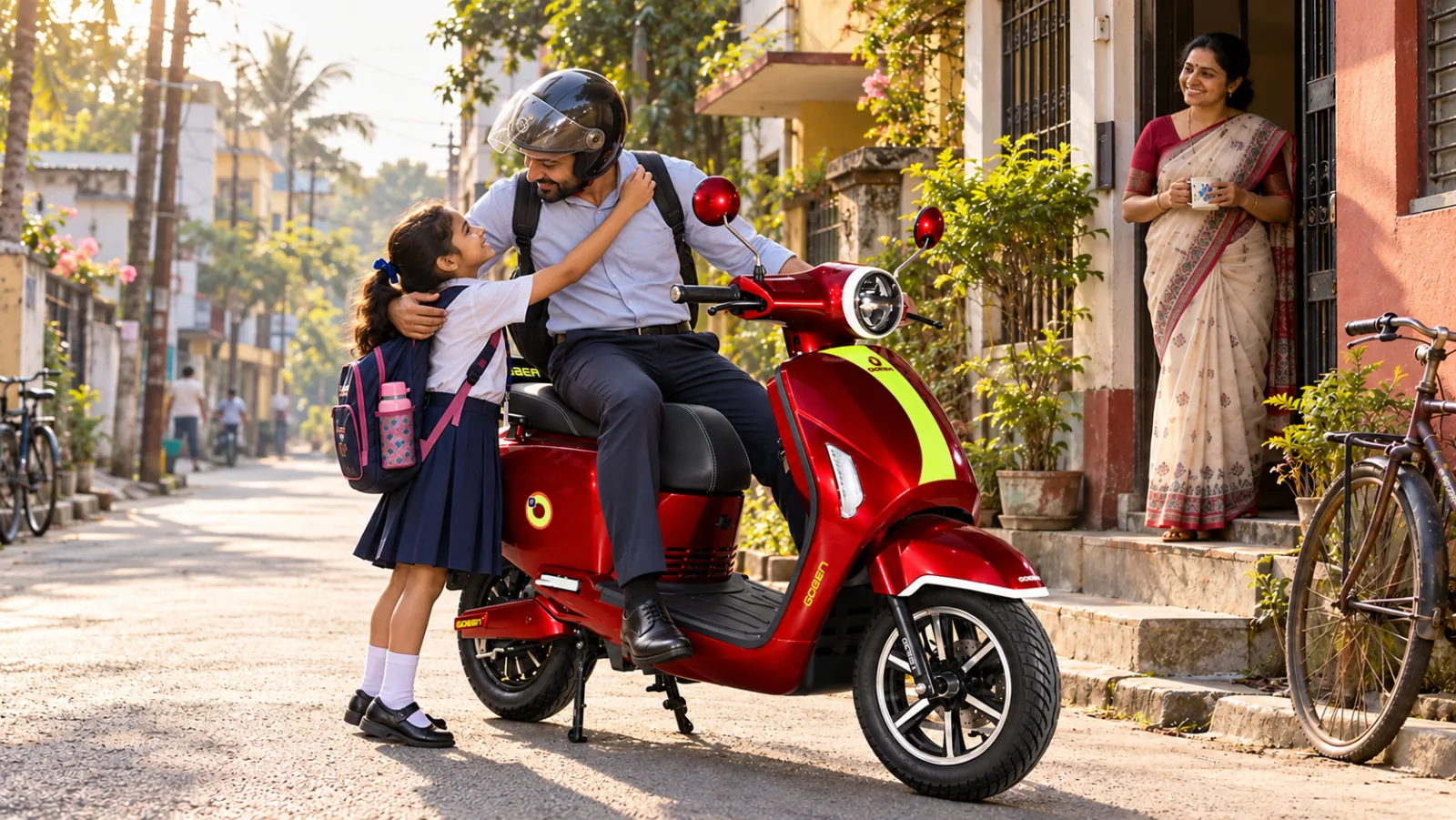 A man in office clothes on a red Chalo Smart Plus outside his house, his daughter in school uniform hugging him goodbye