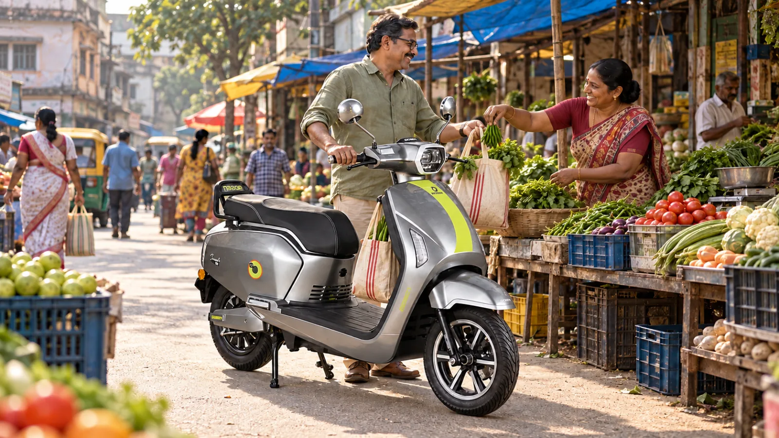 A rider standing beside a silver Chalo Smart Plus at a street market, taking a bag of greens from a vegetable seller