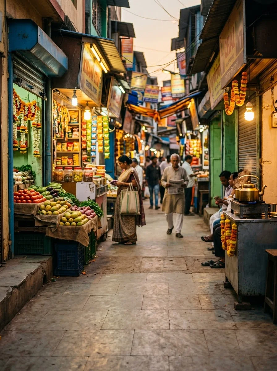 A neighbourhood market lane at dusk — fruit stalls, a kirana store and a chai stall