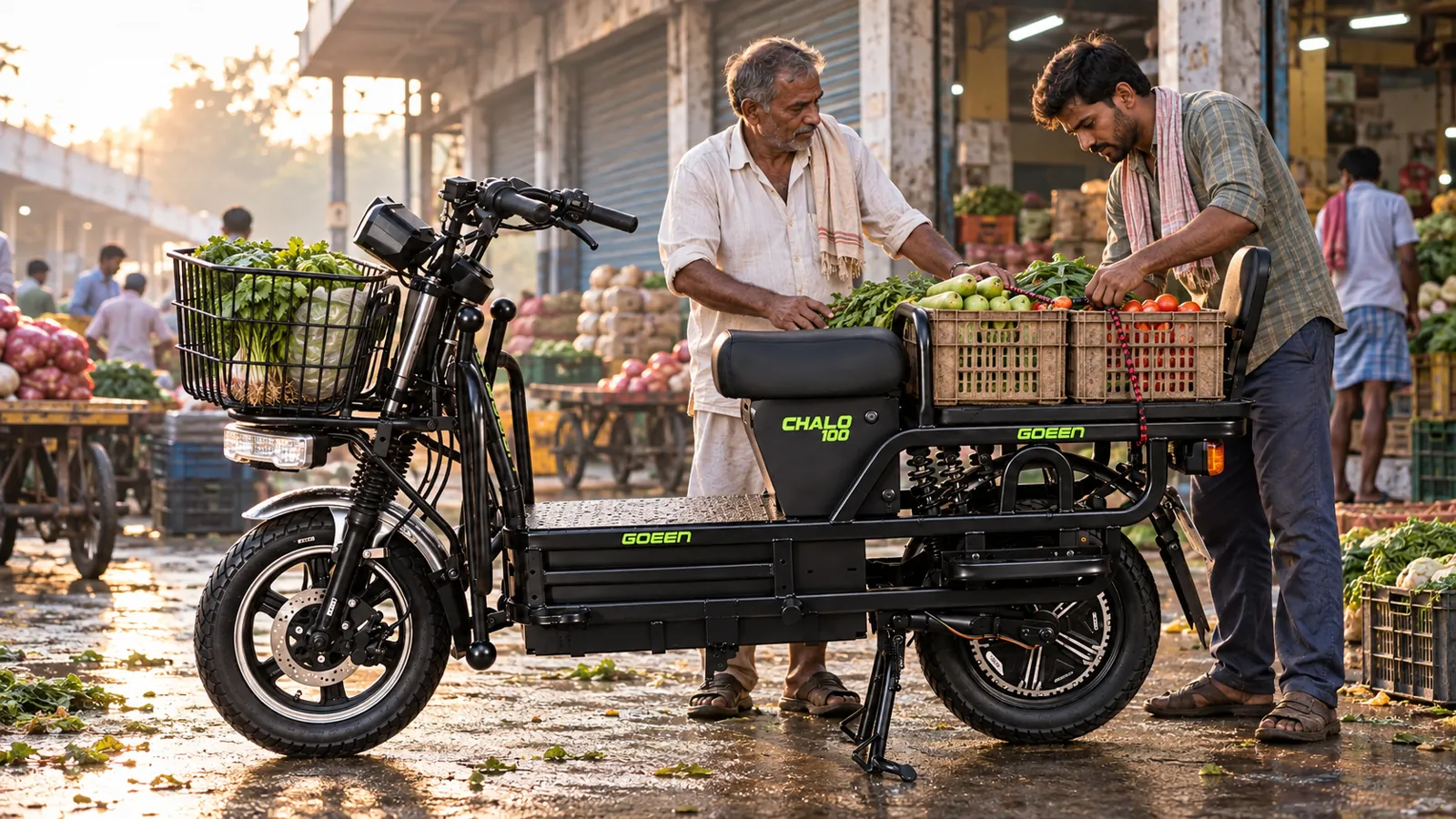 Loading vegetable crates onto the CHALO 100 at a market at sunrise
