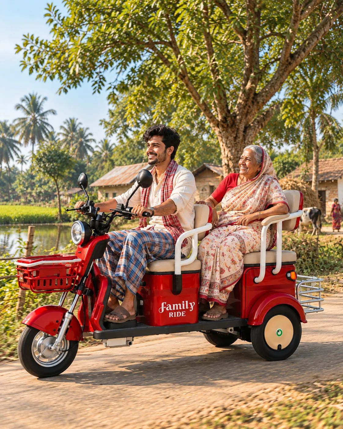 A grandmother smiling from the NJA-7's rear passenger seat, one hand on the grab rail, as her son rides through the village