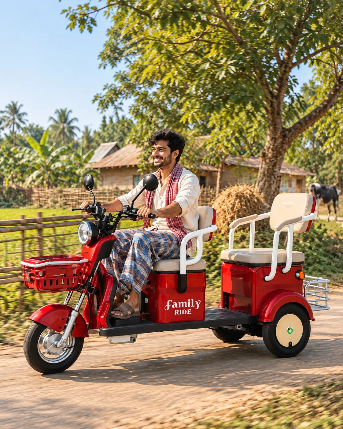 A smiling rider on the NJA-7 on a village road, feet flat on the low deck