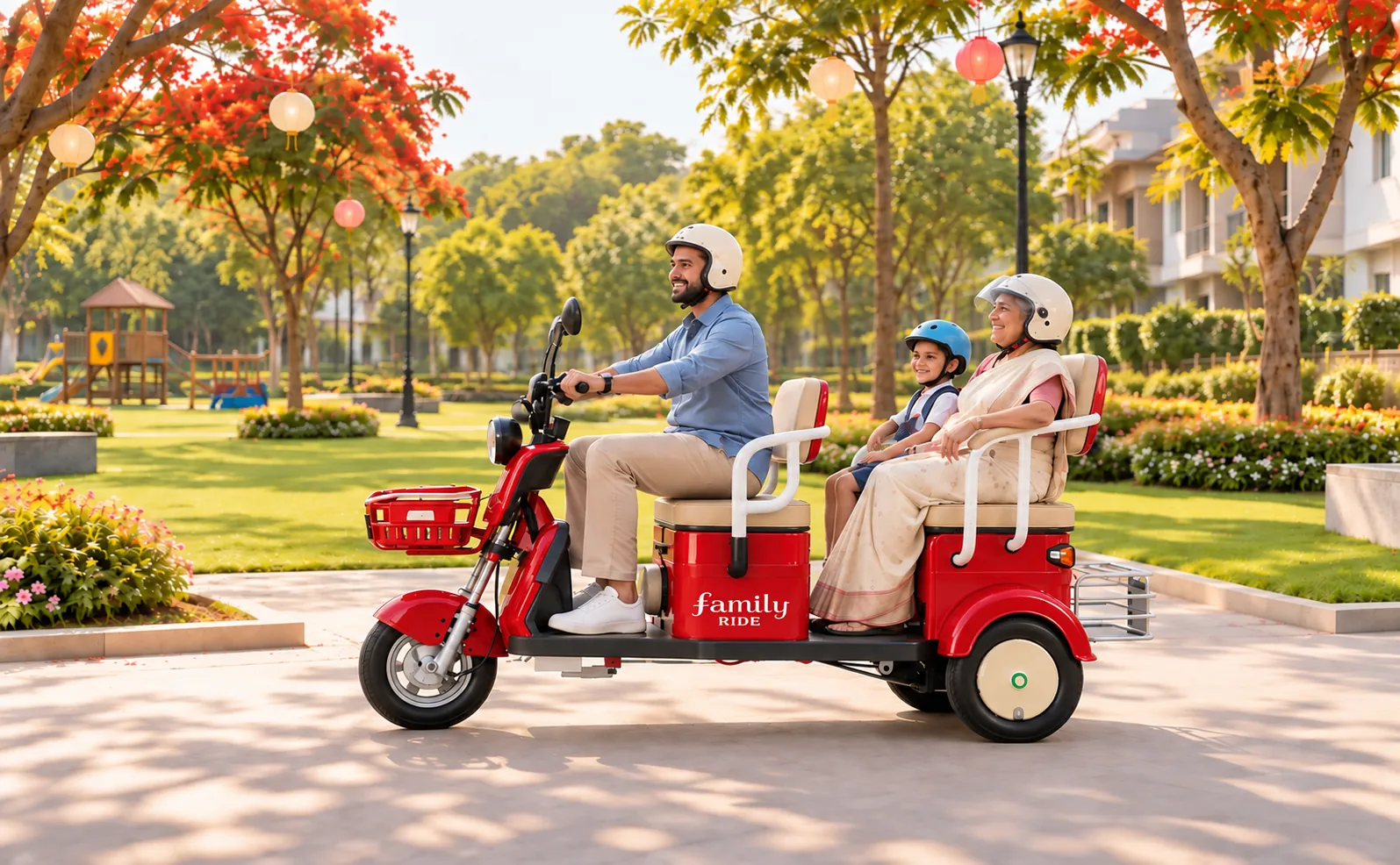 A father riding the NJA-7 with his son and mother seated behind him through a sunny park