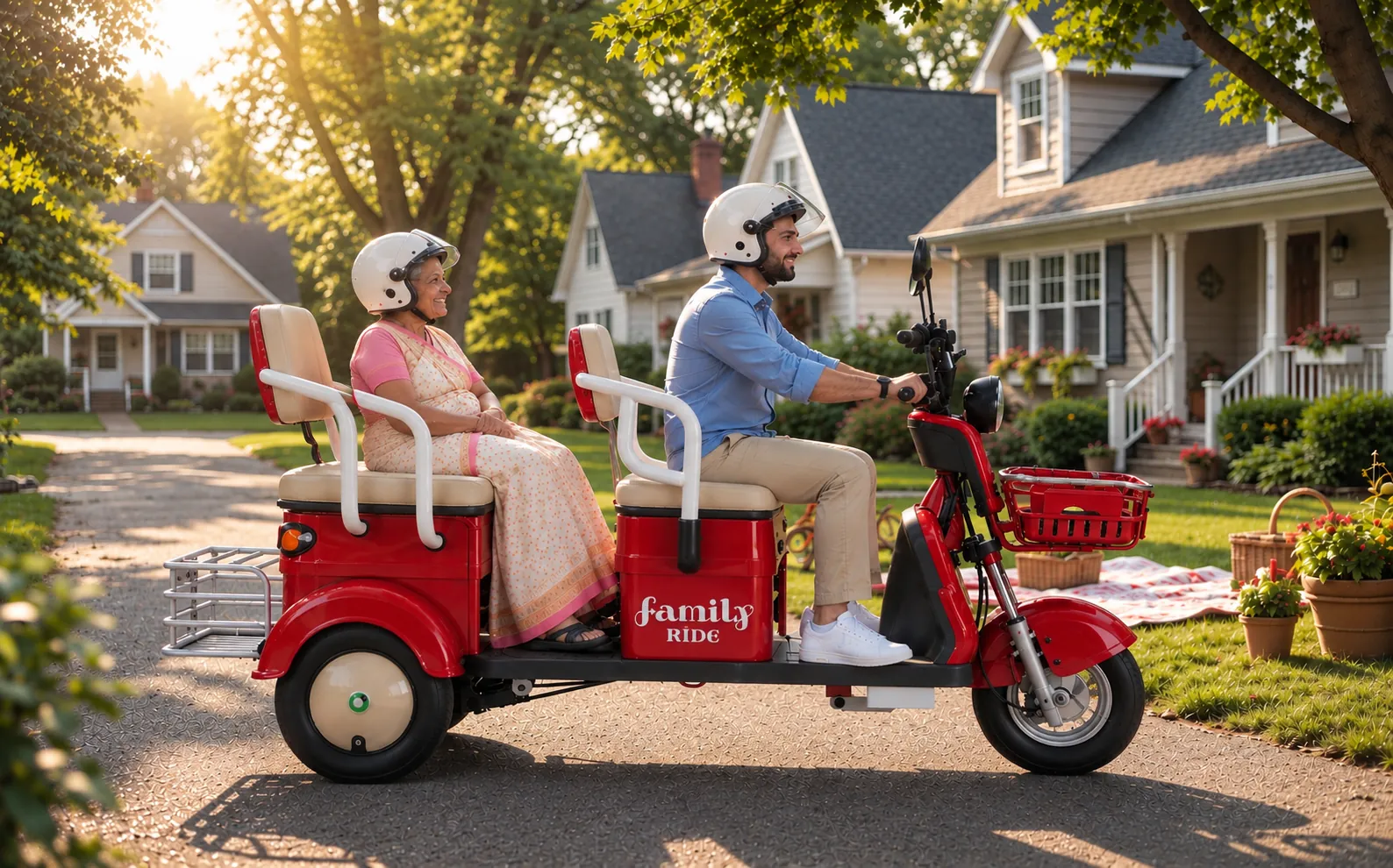 A son and his mother on the NJA-7 on a neighbourhood lane at golden hour