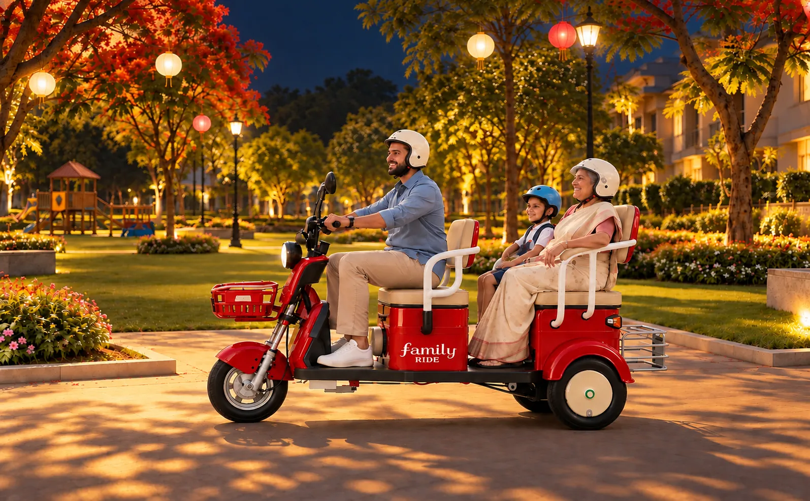 The same family on the NJA-7 in the park at night under lamplight