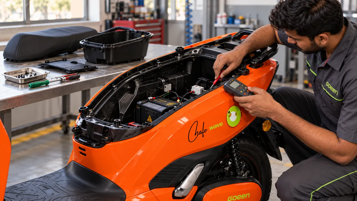 A GOEEN technician testing the battery wiring under the seat with a multimeter