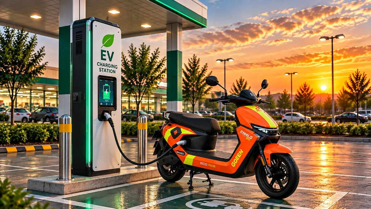 A GOEEN scooter plugged into an EV charging station at sunset
