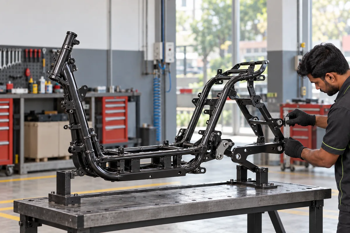 A technician measuring a GOEEN scooter frame on a workshop bench