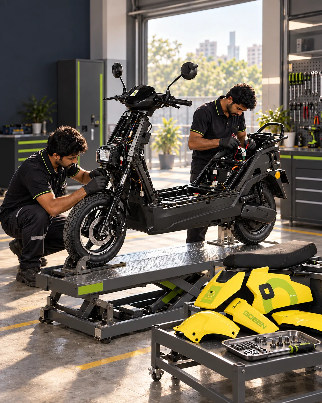 Two GOEEN technicians servicing a stripped-down scooter on a workshop lift, its yellow body panels laid out beside it