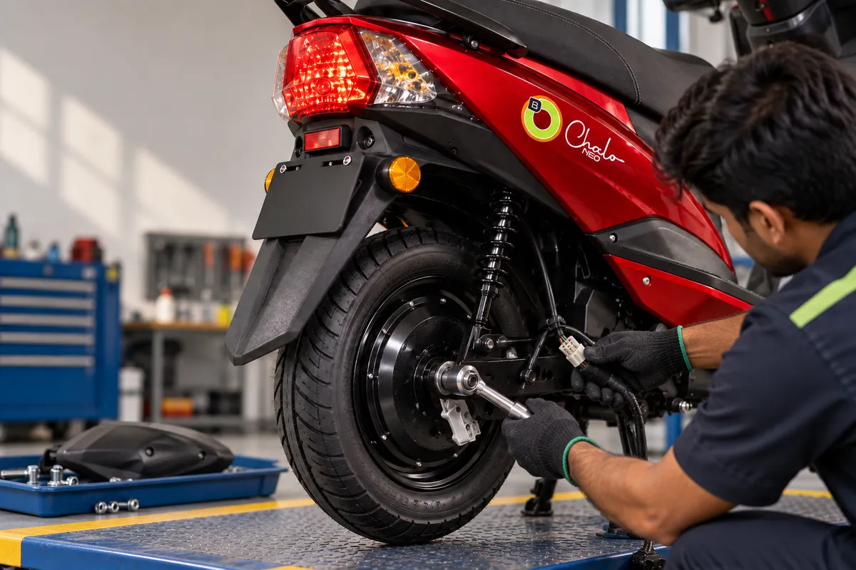 A technician torquing the rear hub motor axle on a GOEEN scooter