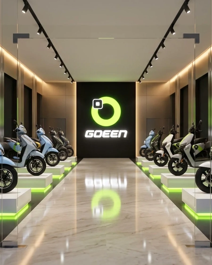Inside a GOEEN showroom, scooters ready for a test ride